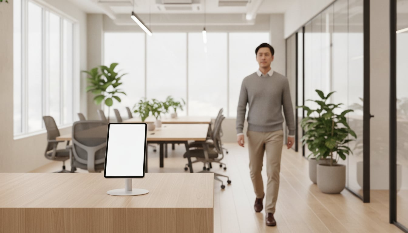 A tablet check-in screen at the entrance of a coworking space, notifying staff of a walk-in guest