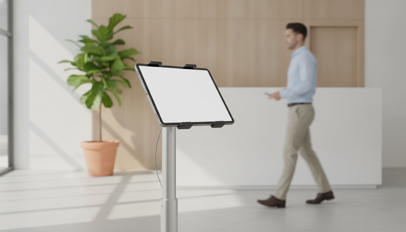 Lobby iPad on a secure stand locked to a visitor check-in app with Guided Access