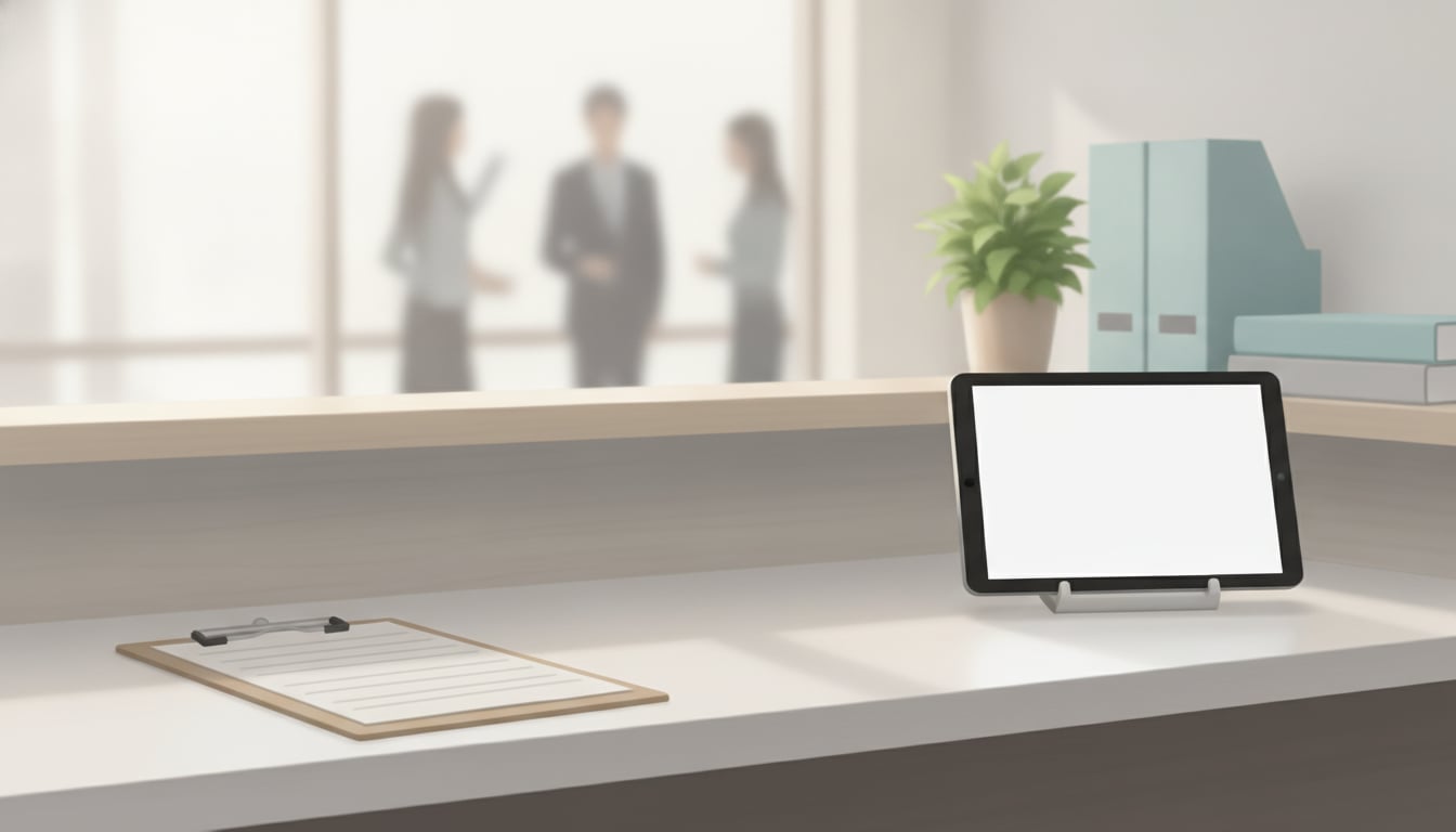 Reception counter where a paper sign-in clipboard has been replaced by a tablet check-in stand