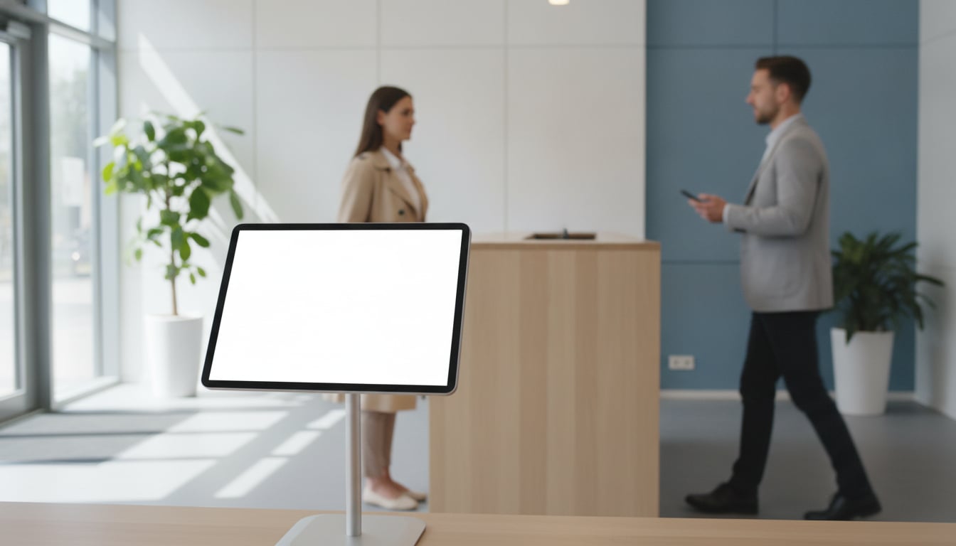 Check-in tablet at a front desk while a staff member heads over after a visitor notification
