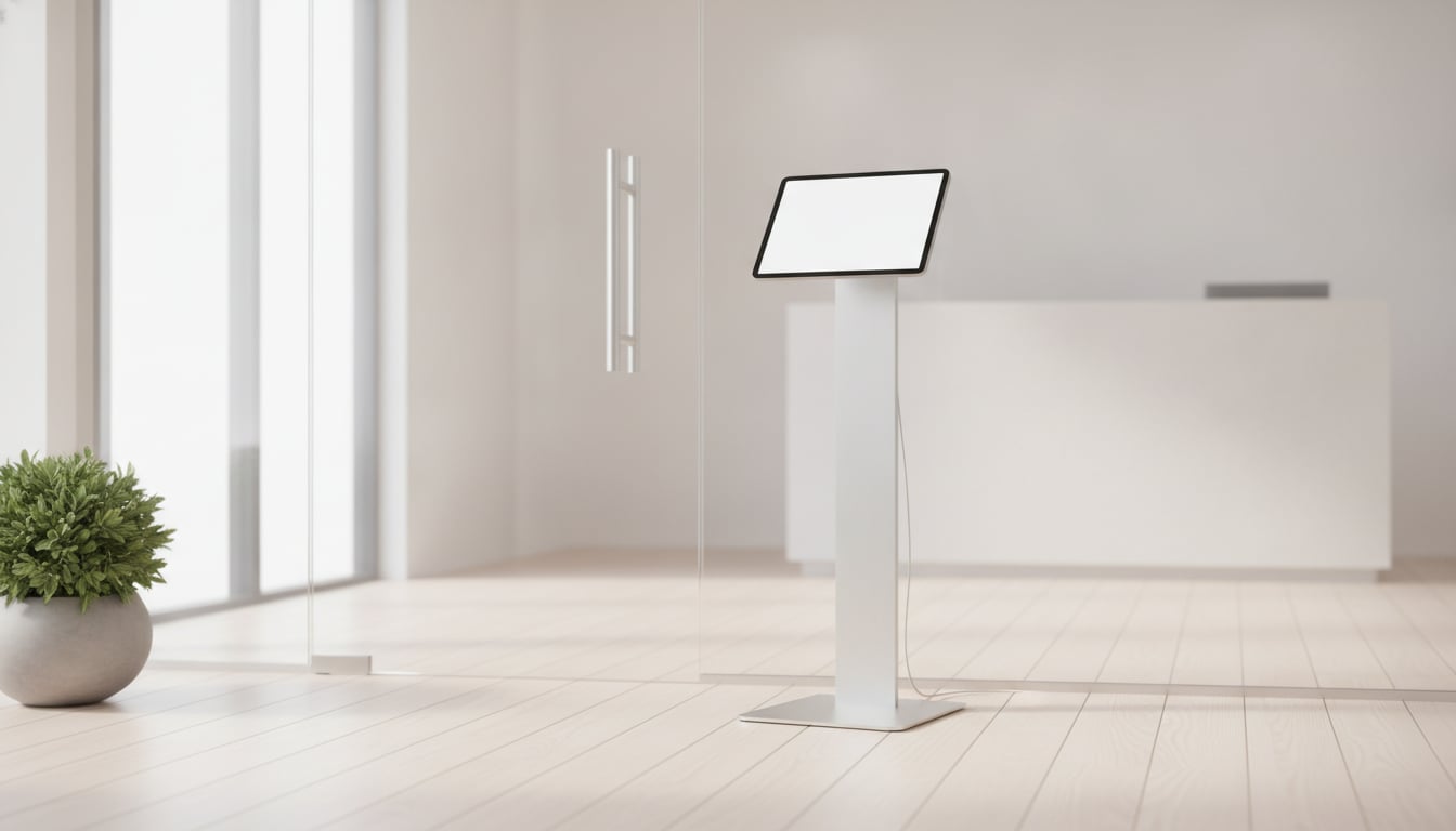 Check-in tablet mounted on a floor stand next to an office entrance